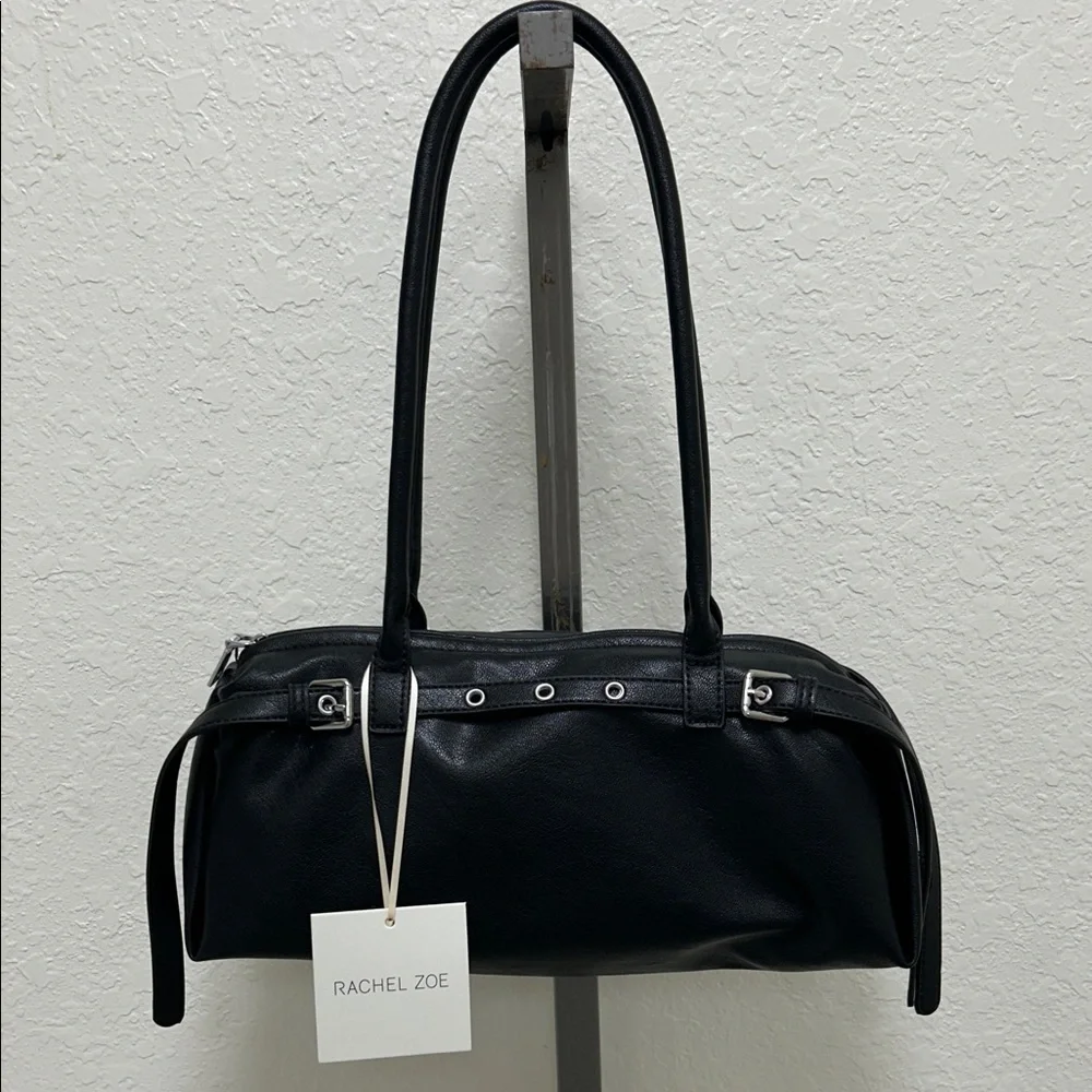 Rachel Zoe Black Leather Shoulder Satchel with Silver Hardware - Picture 2 of 5